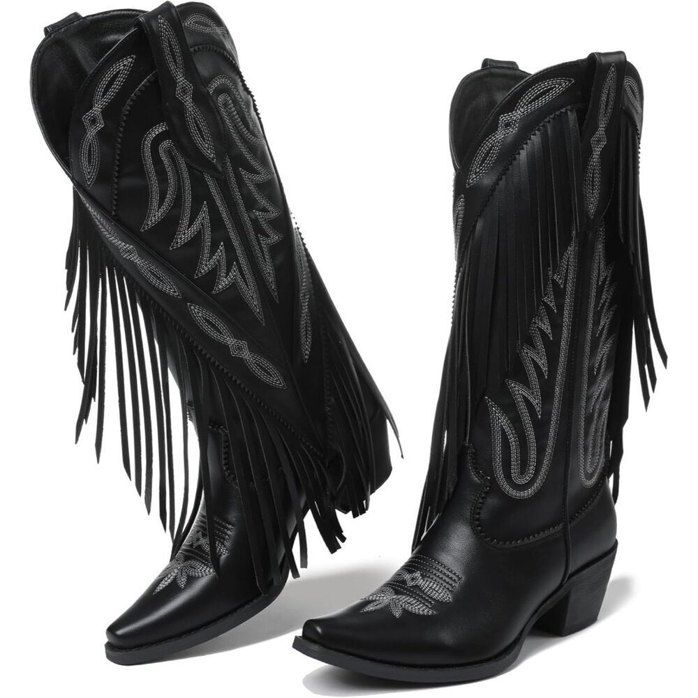 Women's Black PU Pointed Toe Pull On Block Chunky Heel Embroidery Tassel Country